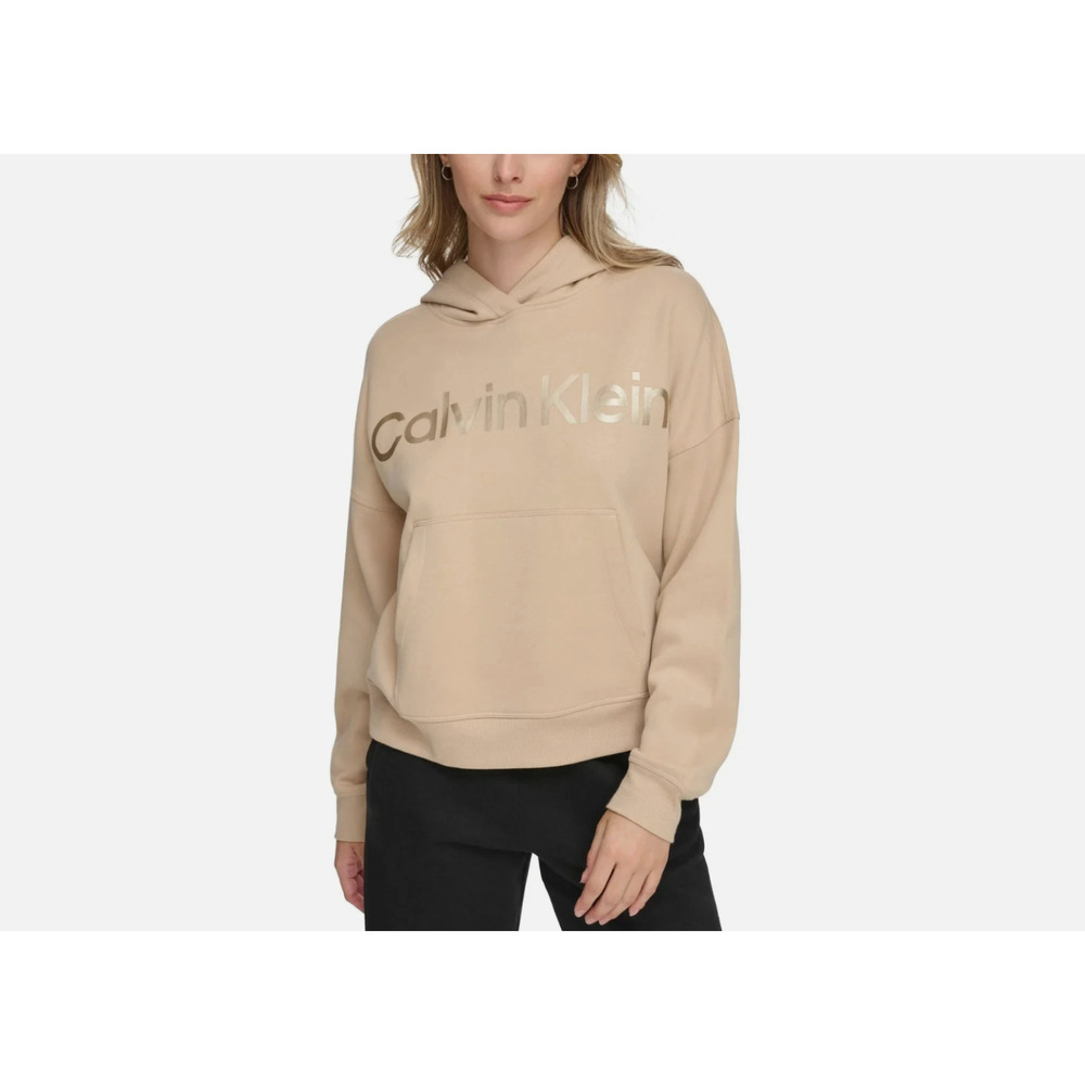 Calvin Klein Women Metallic-Logo Dropped-Shoulder Hoodie Wheat Size XL